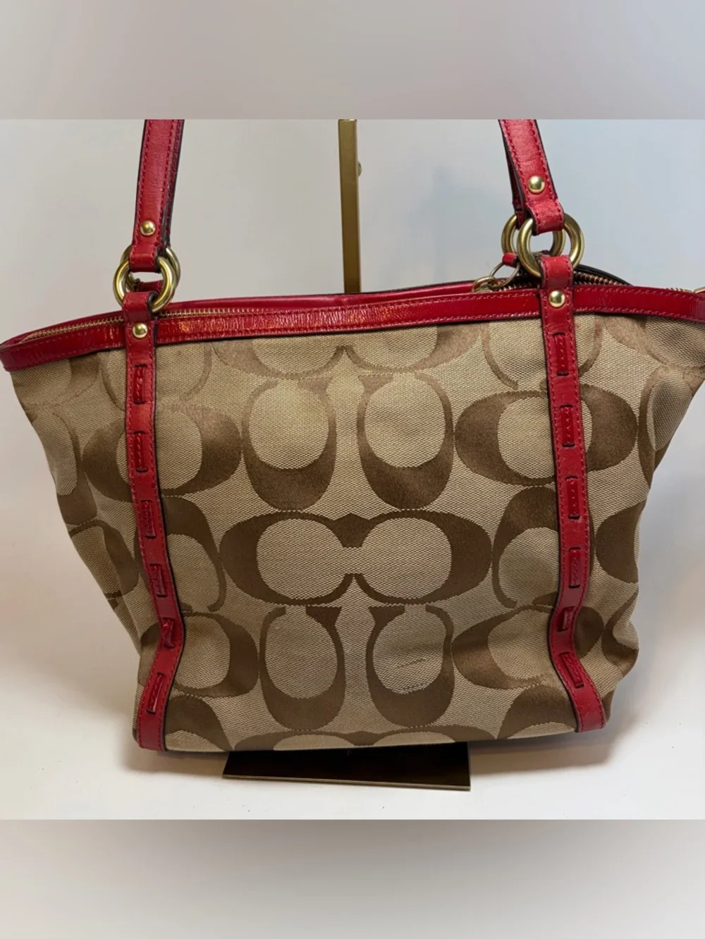 Coach Red Leather & Signature Print Tote with Plaid Interior #13005
